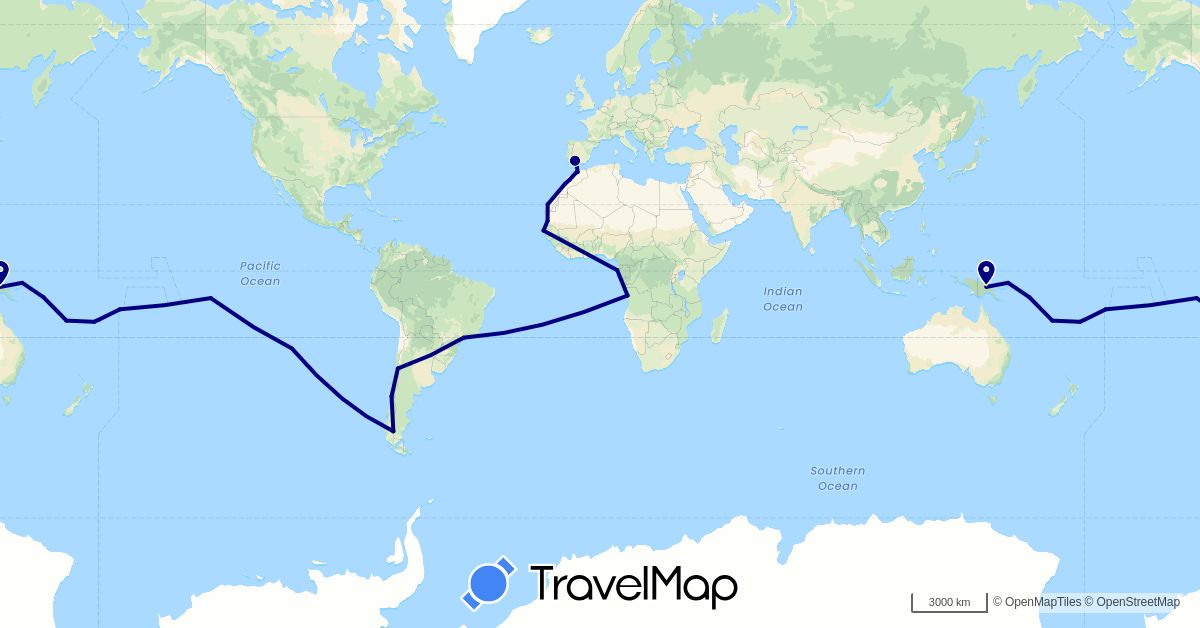 TravelMap itinerary: driving in Angola, Argentina, Brazil, Chile, Spain, Fiji, France, Gabon, Morocco, Mauritania, Papua New Guinea, Solomon Islands, Senegal, Vanuatu, Samoa (Africa, Europe, Oceania, South America)